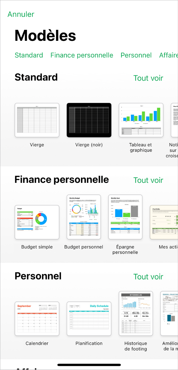 La liste de modèles, avec un rang de catégories en haut que vous pouvez toucher pour filtrer les options. En dessous, vous trouverez les vignettes des modèles prédéfinis disposées en rangs par catégorie, en commençant par Standard en haut, puis Finance personnelle, Personnel et Affaires. Un bouton Tout afficher apparaît à droite au-dessus du rang de chaque catégorie. Le bouton Annuler se trouve dans le coin supérieur gauche.