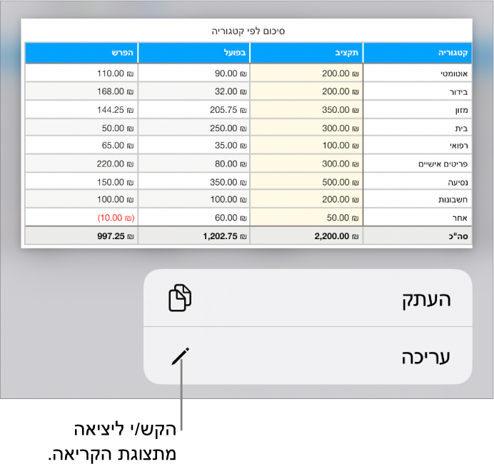 נבחרה טבלה, ומתחתיה מופיע תפריט עם הכפתורים ״העתק״ ו״עריכה״.