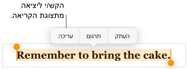 נבחר משפט, ומעליו מופיע תפריט הקשר עם הכפתורים ״העתק״ ו״עריכה״.