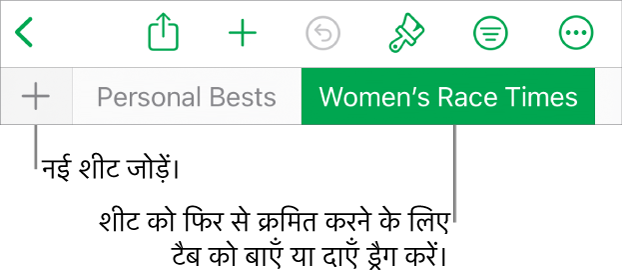 नई शीट जोड़ने, शीट को नैविगेट करने, उन्हें रीऑर्डर करने और फिर से व्यवस्थित करने के लिए टैब बार।