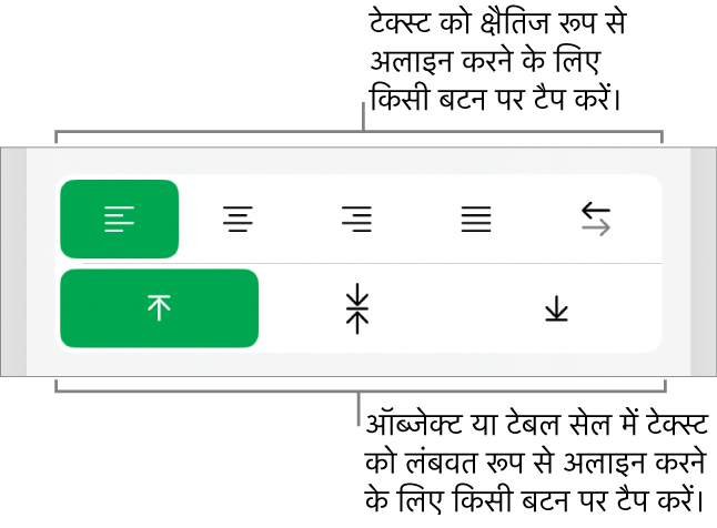टेक्स्ट के लिए क्षैतिज और लंबवत अलाइनमेंट बटन।