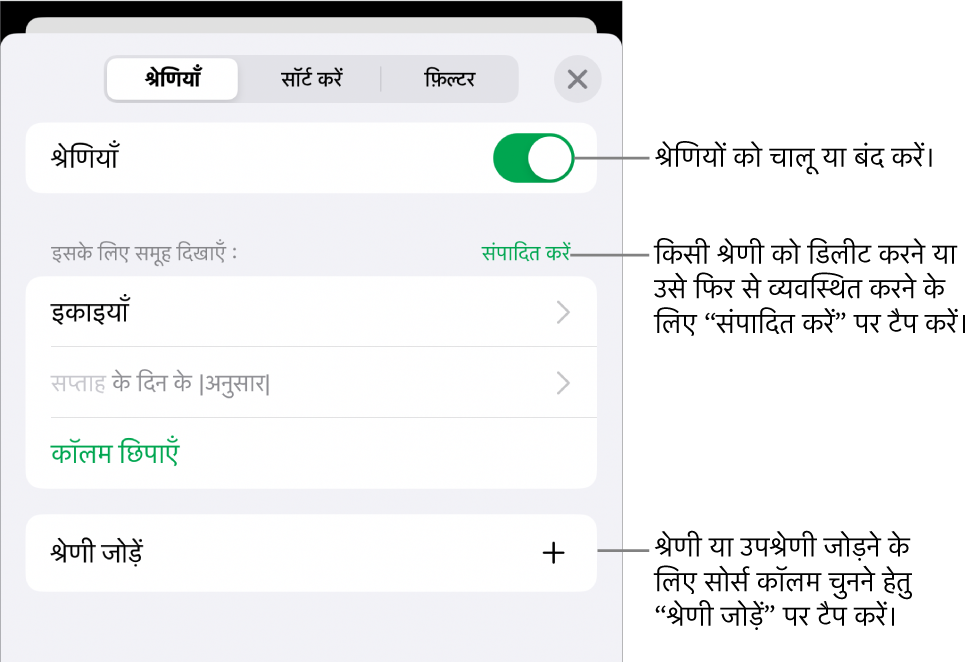 श्रेणियाँ बंद करने, श्रेणियाँ डिलीट करने, डेटा को फिर से समूह में डालने, सोर्स कॉलम छिपाने और श्रेणियाँ जोड़ने के विकल्पों के साथ iPhone के लिए श्रेणी मेनू।