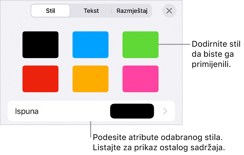 Prozor Stil tipke Formatiraj sa stilovima objekta na vrhu i kontrola ispod njih za promjenu ispune.