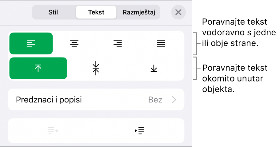 Odjeljak Raspored u Inspektoru formata s balončićima za tipke za poravnanje teksta i razmak.