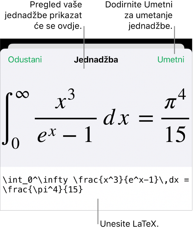 Dijaloški okvir Jednadžba koji prikazuje jednadžbu napisanu korištenjem LaTeX naredbi i prikaz gornje formule.
