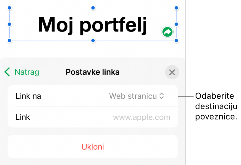 Kontrole Postavke linka s odabranom opcijom Web stranica, tipka Ukloni nalazi se na dnu.