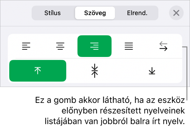 A Formátum menüben elérhető Stílus szakasz a Jobbról balra gombhoz tartozó felirattal.