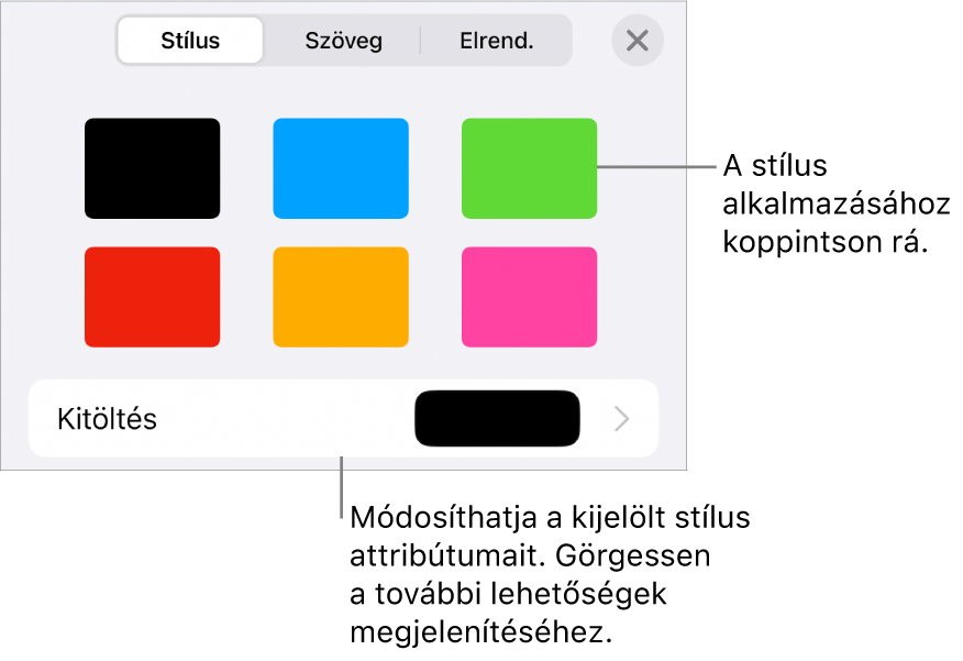 A Formátum menü Stílus lapja, felül az objektumstílusokkal, alattuk pedig a kitöltés módosítására szolgáló vezérlővel.