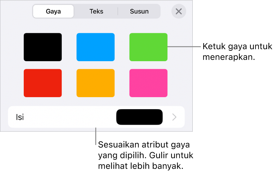 Tab Gaya menu Format, dengan gaya objek di bagian atas dan kontrol di bawahnya untuk mengubah isi.