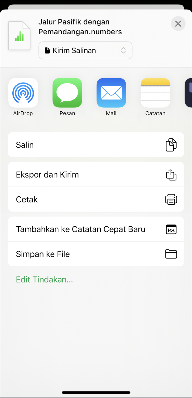 Jendela Numbers menampilkan menu Bagikan, dengan pilihan untuk mengirim salinan spreadsheet, mengekspor dan mengirim dalam format berbeda, atau mencetak atau menyimpan spreadsheet ke app File.