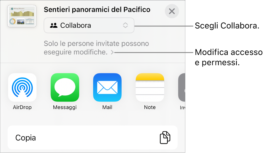 Il menu di condivisone con l’opzione Collabora selezionata in alto e le impostazioni di accesso e dei permessi sotto.