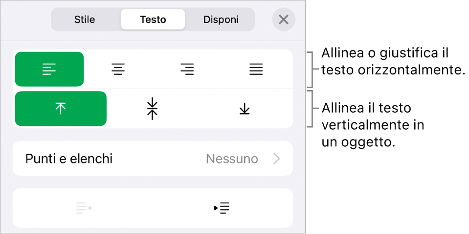 Sezione Layout dell’inspector Formattazione con didascalie per i pulsanti di allineamento e spaziatura del testo.