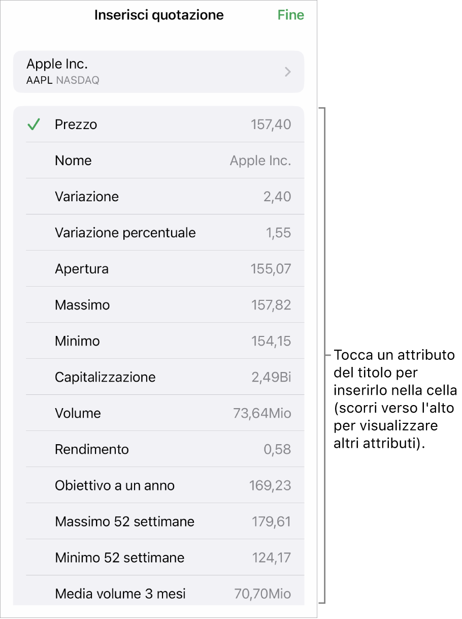 La finestra a comparsa della quotazione azionaria con il nome dell’azione in alto e, sotto, l’elenco degli attributi selezionabili tra cui prezzo, nome, variazione, variazione percentuale e apertura.