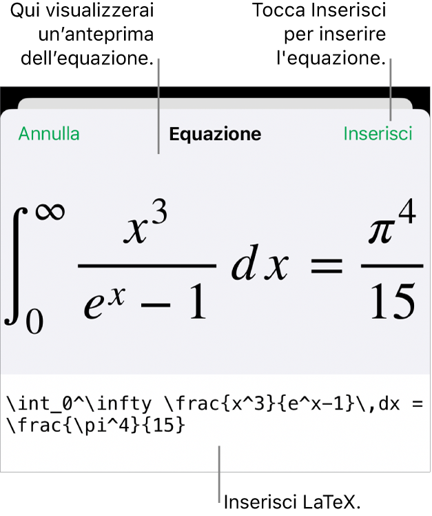 La finestra di dialogo Equazione con l’equazione scritta tramite comandi LaTeX e un’anteprima della formula di cui sopra.