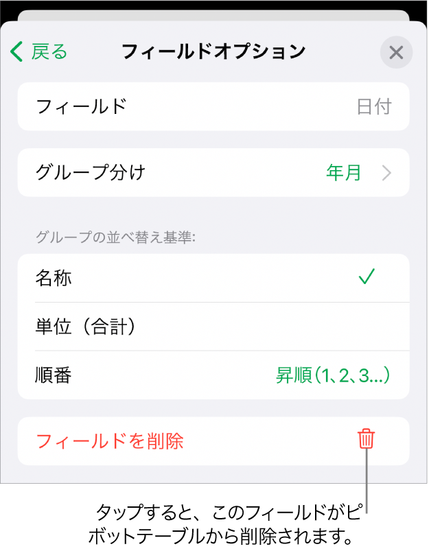 「フィールドオプション」メニュー。データのグループ化と並べ替えのためのコントロールと、フィールドを削除するためのオプションが表示されています。