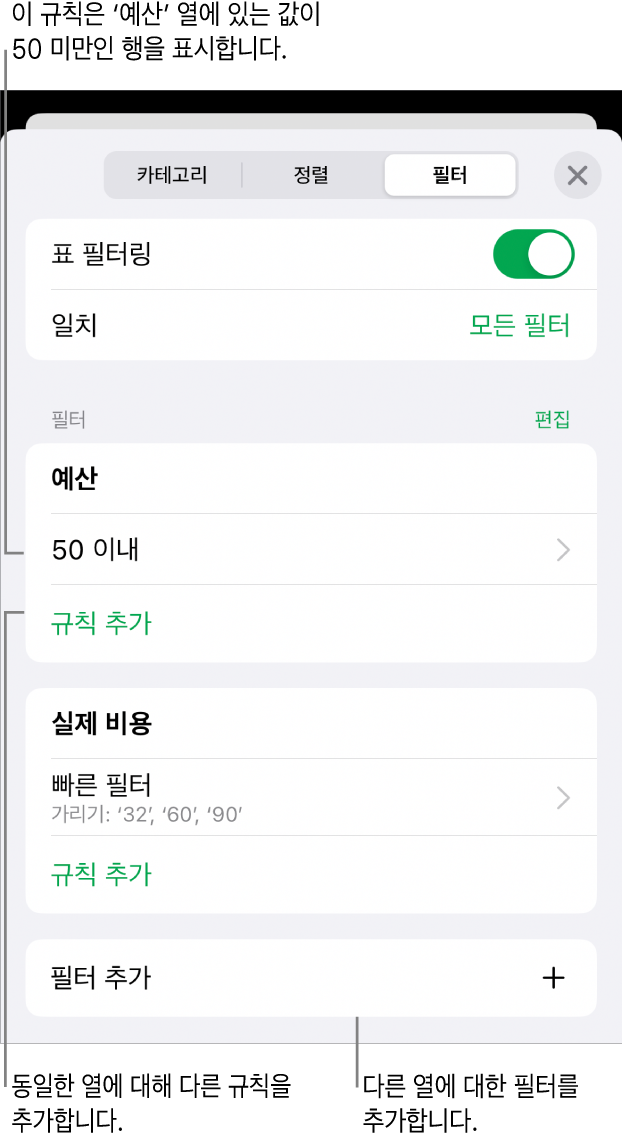 새로운 필터링 규칙을 추가하거나 기존 필터링 규칙을 편집하는 제어기.