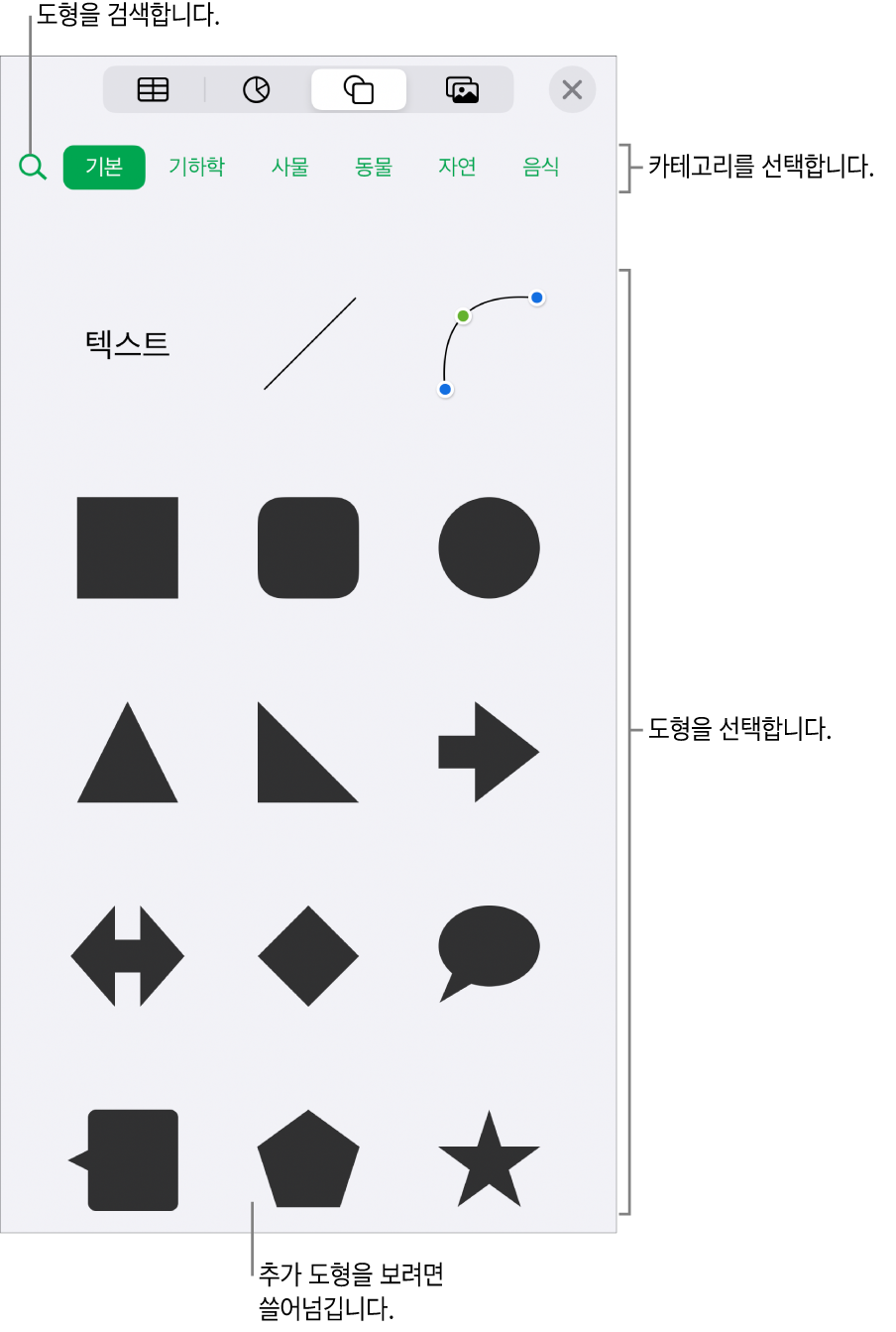 상단에 카테고리가 있고 그 아래에 도형들이 표시된 도형 라이브러리. 상단 검색 필드를 사용하여 도형을 찾고 쓸어넘겨 더 많은 도형을 볼 수 있습니다.