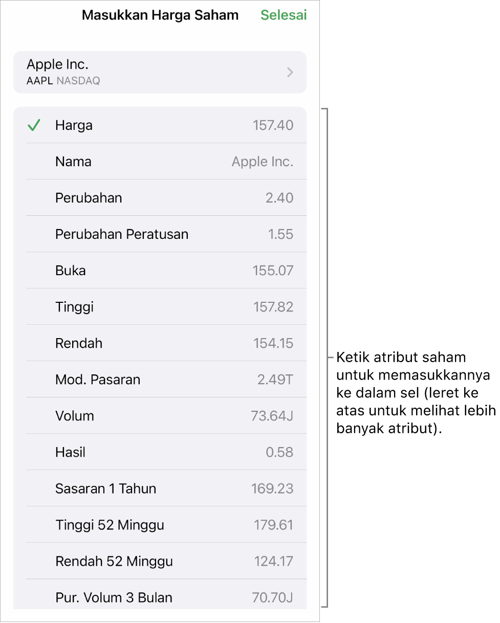 Menu timbul harga saham, dengan nama saham di atas dan atribut saham boleh dipilih termasuk harga, nama, pertukaran, pertukaran peratus dan bukaan disenaraikan di bawah.