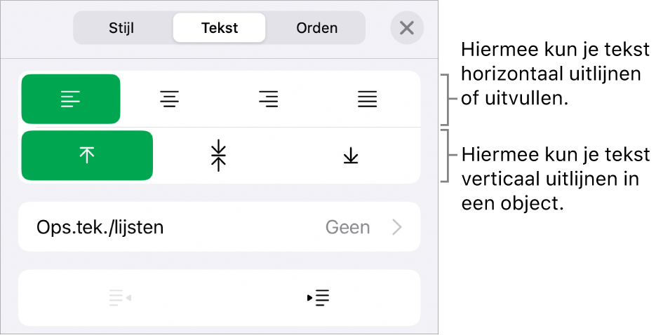 Het gedeelte 'Lay-out' van het infovenster 'Opmaak' met uitleg bij tekstuitlijn- en afstandsknoppen.