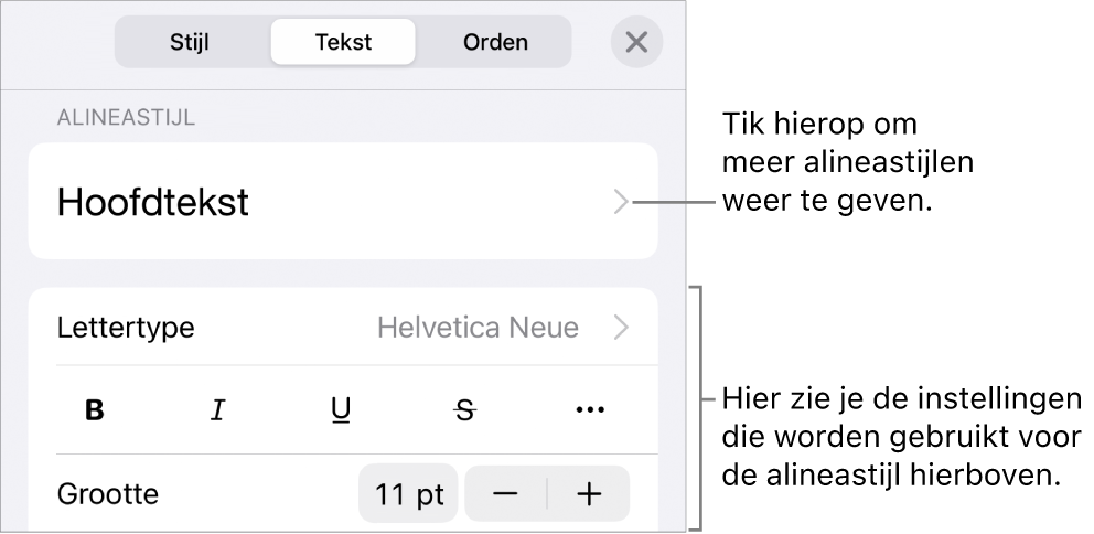 Het opmaakmenu met tekstregelaars voor het instellen van alinea- en tekenstijl, lettertype, lettergrootte en kleur.