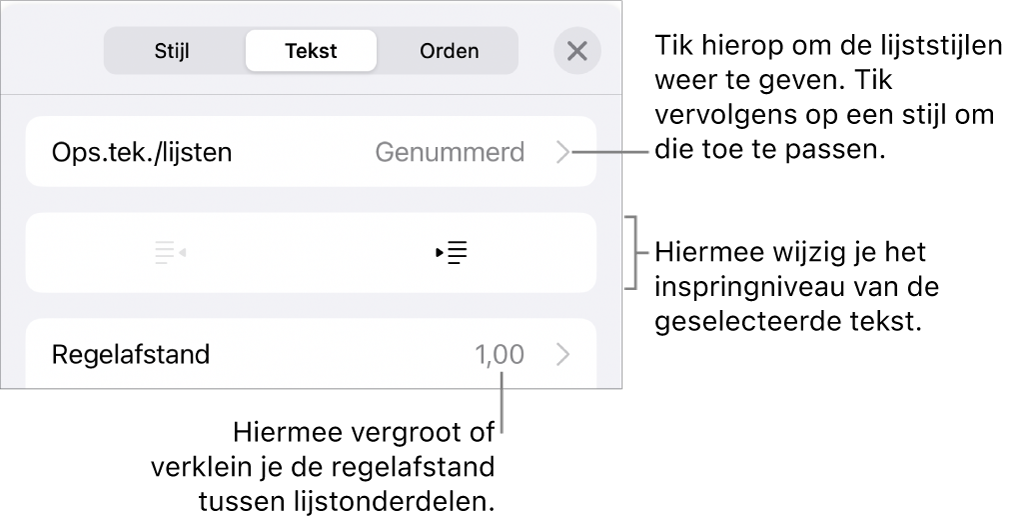 Het gedeelte 'Ops.tek./lijsten' van de opmaakregelaars met uitleg bij 'Ops.tek./lijsten', de inspringknoppen en de regelaars voor de regelafstand.