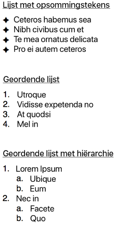 Voorbeelden van lijsten met opsommingstekens, geordende lijsten en geordende lijsten met een hiërarchie.