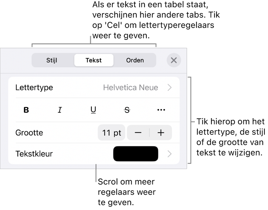 Tekstregelaars in het opmaakmenu voor het instellen van alinea- en tekenstijl, lettertype, lettergrootte en kleur.