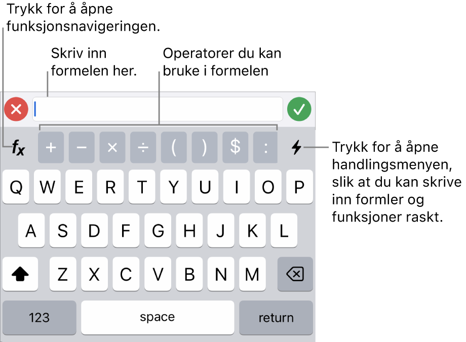 Formeltastaturet, med Formelredigering øverst og operatorene som brukes i formler, under det. Funksjoner-knappen for å åpne Funksjonsnavigering er på venstre side av operatorene, og Handlingsmeny-knappen er på høyre side.