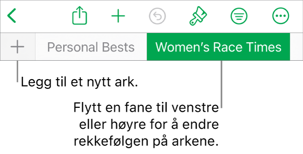 Fanelinjen for å legge til et nytt ark, navigere, endre rekkefølge på og omorganisere ark.