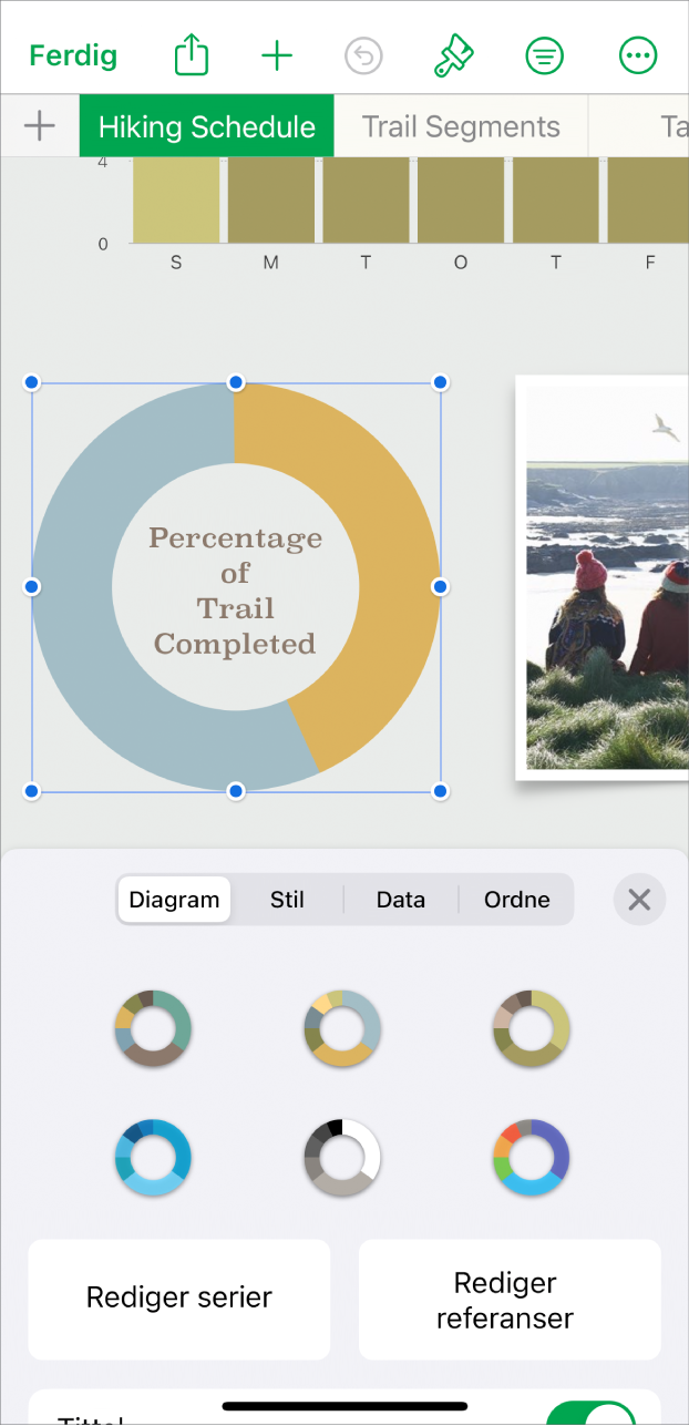 Et sektordiagram som viser prosentandeler over gjennomførte turer. Format-menyen er også åpen og viser ulike diagramstiler som kan velges, samt alternativer for å redigere serien eller diagramreferanser og slå diagramtittelen av eller på.