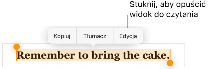 Zaznaczone zdanie z widocznym powyżej niego menu kontekstowym zawierającym przyciski Kopiuj oraz Edycja.