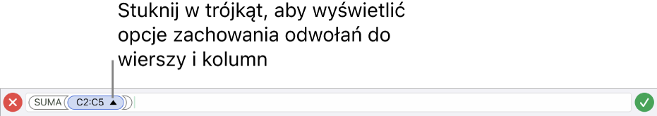 Edytor formuł, pokazujący sposób zachowania odwołań do wiersza i kolumny, gdy komórka jest kopiowana lub przenoszona.