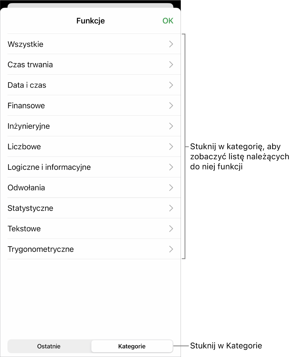 Przeglądarka funkcji z zaznaczonym przyciskiem Kategorie oraz wyświetloną poniżej listą kategorii.