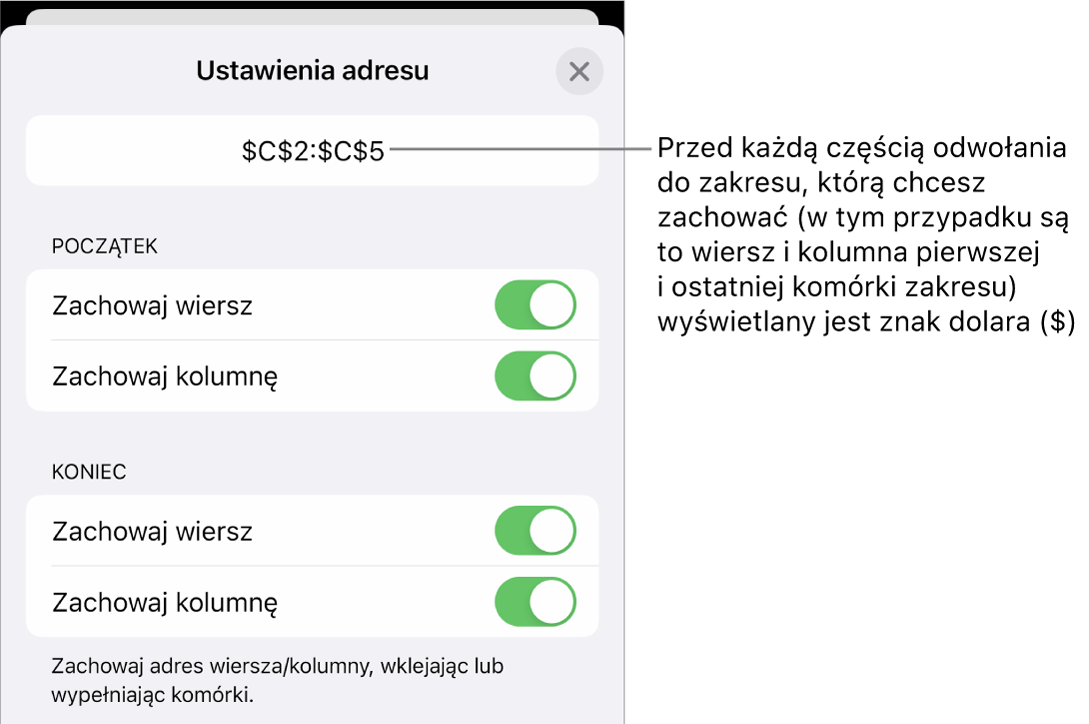 Narzędzia pozwalające na ustawienie, które z odwołań do wiersza i kolumny mają być zachowywane podczas przenoszenia lub kopiowania komórki. Przed każdą częścią odwołania, która ma być zachowywana, widoczny jest znak dolara.