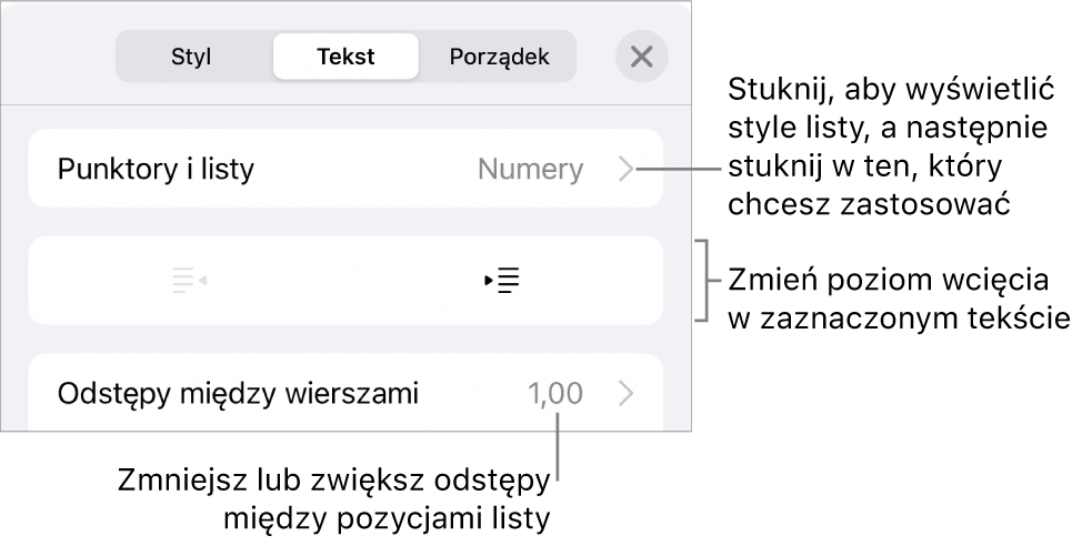 Sekcja Punktory i listy w narzędziach Format. Objaśnienia wskazują przyciski Punktory i listy, Wysunięcie oraz Wcięcie, a także narzędzia odstępów między wierszami.