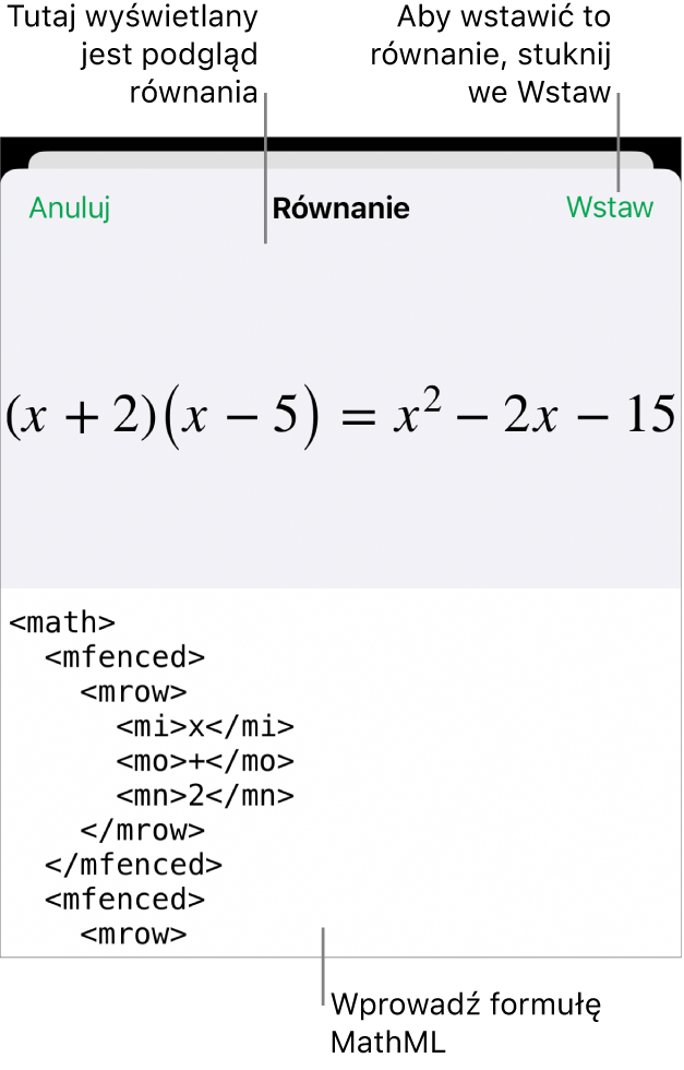 Pole dialogowe Równanie, zawierające równanie zapisane przy użyciu języka MathML. Powyżej widoczny jest podgląd tego równania.