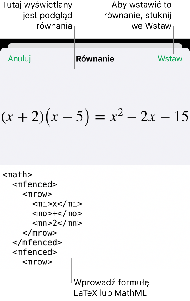 Pole dialogowe Równanie, zawierające równanie zapisane przy użyciu języka MathML. Powyżej widoczny jest podgląd tego równania.