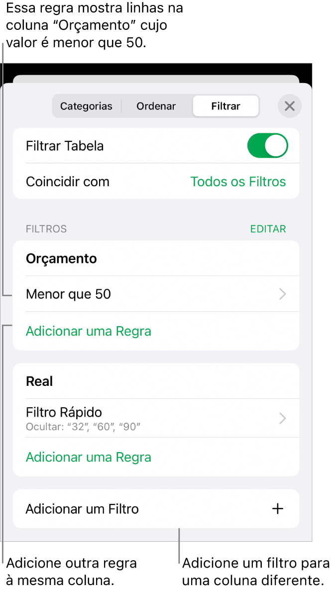 Controles para adicionar novas regras de filtragem ou editar as existentes.