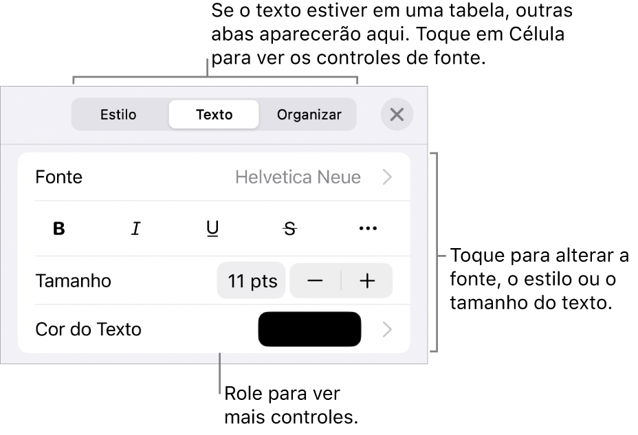 Controles de texto no menu Formatar para definir estilo, fonte, tamanho e cor de caractere e parágrafo.