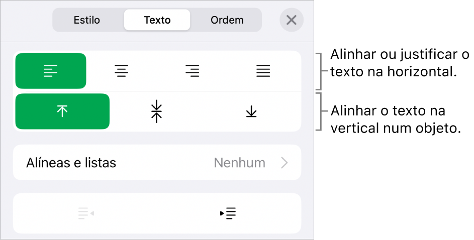 A secção “Disposição” do inspetor de formatação com referências aos botões de alinhamento e espaçamento de texto.