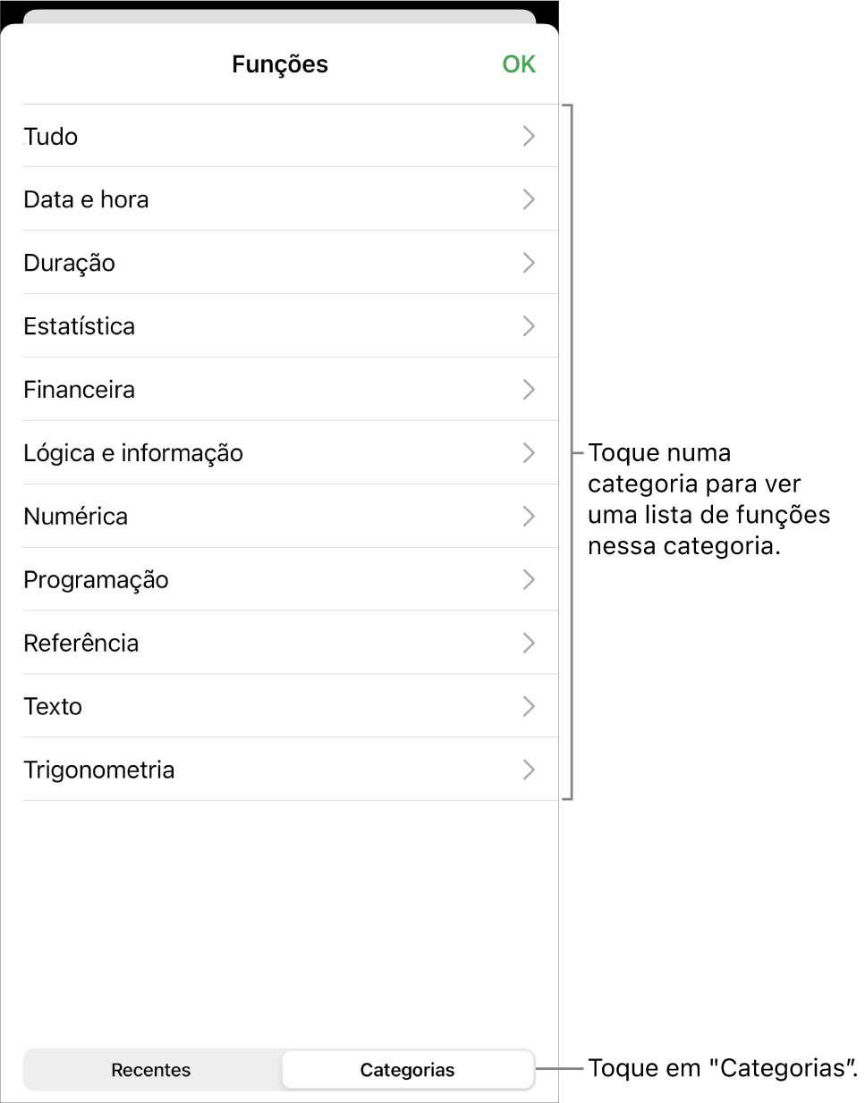 O navegador de funções com uma chamada para o botão "Categorias” e a lista de categorias.