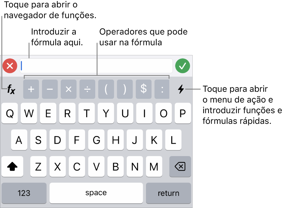 O teclado de fórmulas com o editor de fórmulas na parte superior e os operadores utilizados nas fórmulas por baixo. O botão "Funções” para abrir o navegador de funções está situado à esquerda dos operadores e o botão de menu de ação está situado à direita.