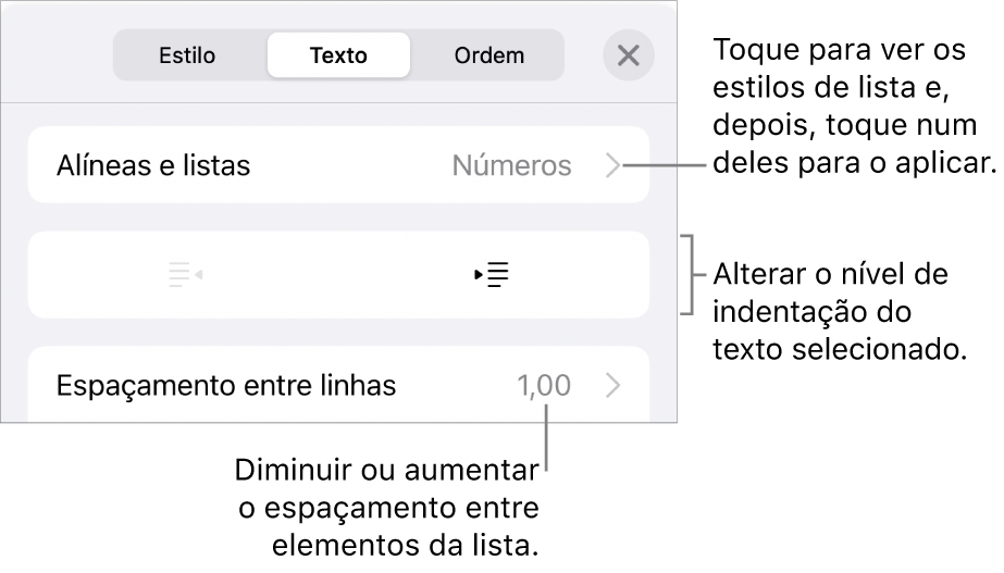 A secção “Marcas e listas” dos controlos de “Formatação” com chamadas para “Marcas e listas”, botões de remover indentação e de indentação e controlos de espaçamento.