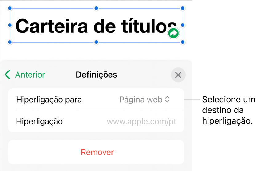 Os controlos “Definições” com a página web selecionada e o botão “Remover” na parte inferior.