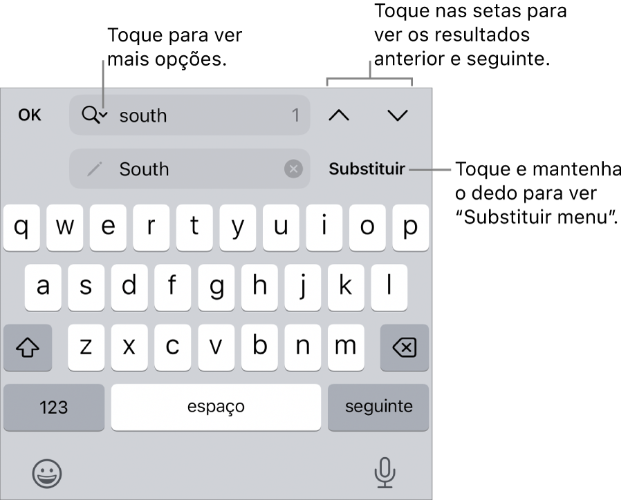 Os controlos “Procurar e substituir” acima do teclado com chamadas para os botões “Opções de pesquisa”, “Substituir”, “Ir para cima” e “Ir para baixo”.