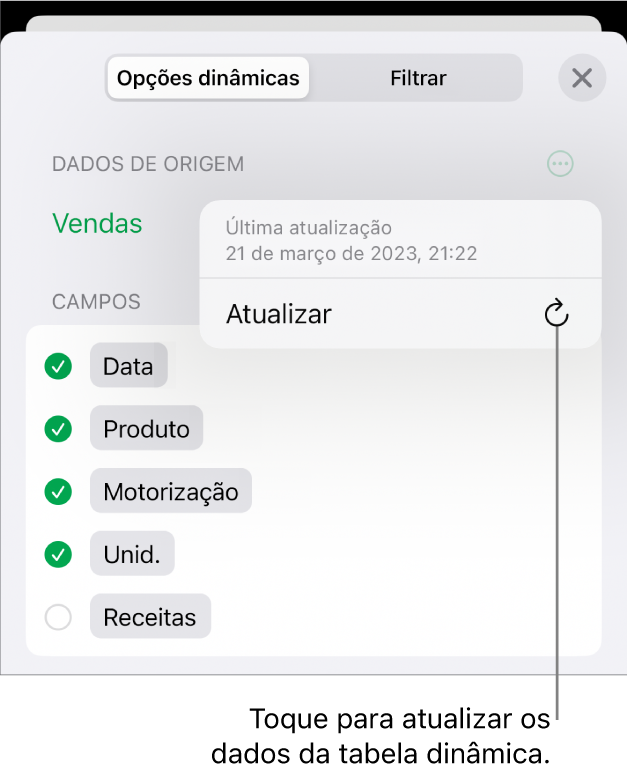 O menu "Opções dinâmicas” a mostrar a opção de atualizar a tabela dinâmica.