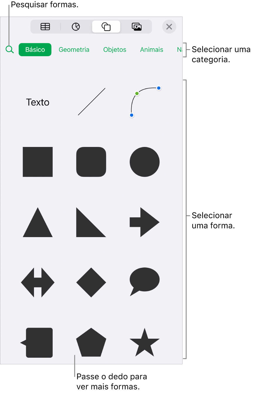 A biblioteca de formas, com as categorias exibidas na parte superior e as formas na parte inferior. É possível usar o campo de pesquisa na parte superior para encontrar formas e passar os dedos para ver mais.