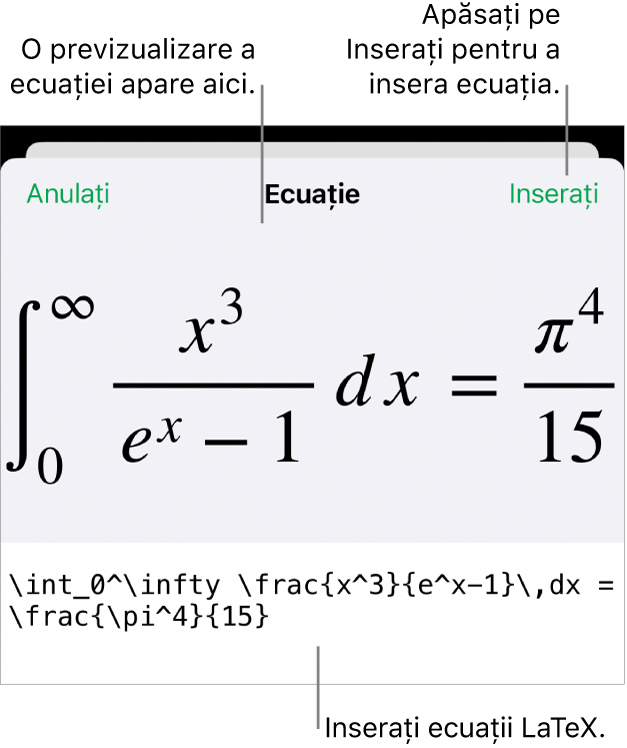 Caseta de dialog Ecuație, afișând o ecuație scrisă cu ajutorul comenzilor LaTex și, deasupra, o previzualizare a formulei.