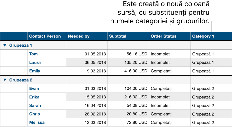 Un tabel categorisit cu nume substituente pentru categorie și grupuri.