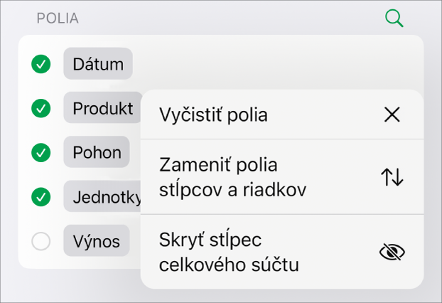 Menu Ďalšie možnosti poľa zobrazujúce ovládacie prvky na skrytie celkových súčtov, zámenu stĺpcových a riadkových polí a vymazanie polí.